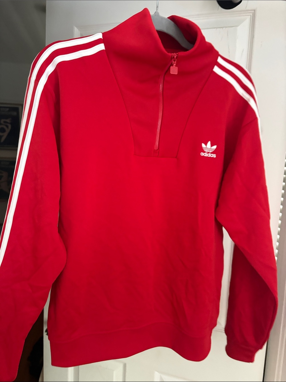 adidas Red Half-Zip Trefoil Pullover with White Stripes